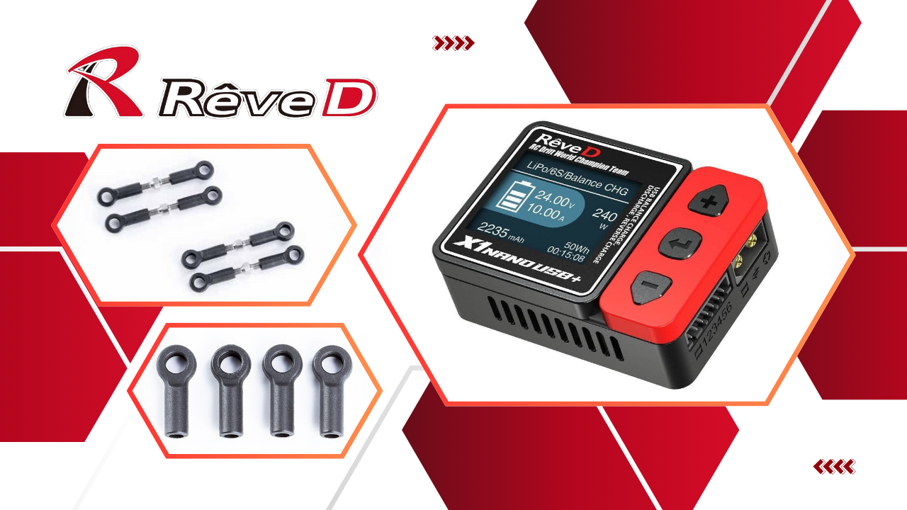 New Pre Order from REVED: Slim Titanium Tie Rod Sets paired with X1 NANO USB Plus Balance Charger