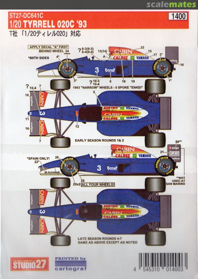 Studio27 DC641R 1/20 Tyrrell 020C Full Season 1993 - BanzaiHobby
