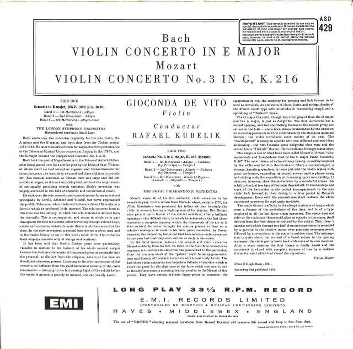 EMI (English Import Edition) Bach Mozart Violin Concerto De Vito ASD-429