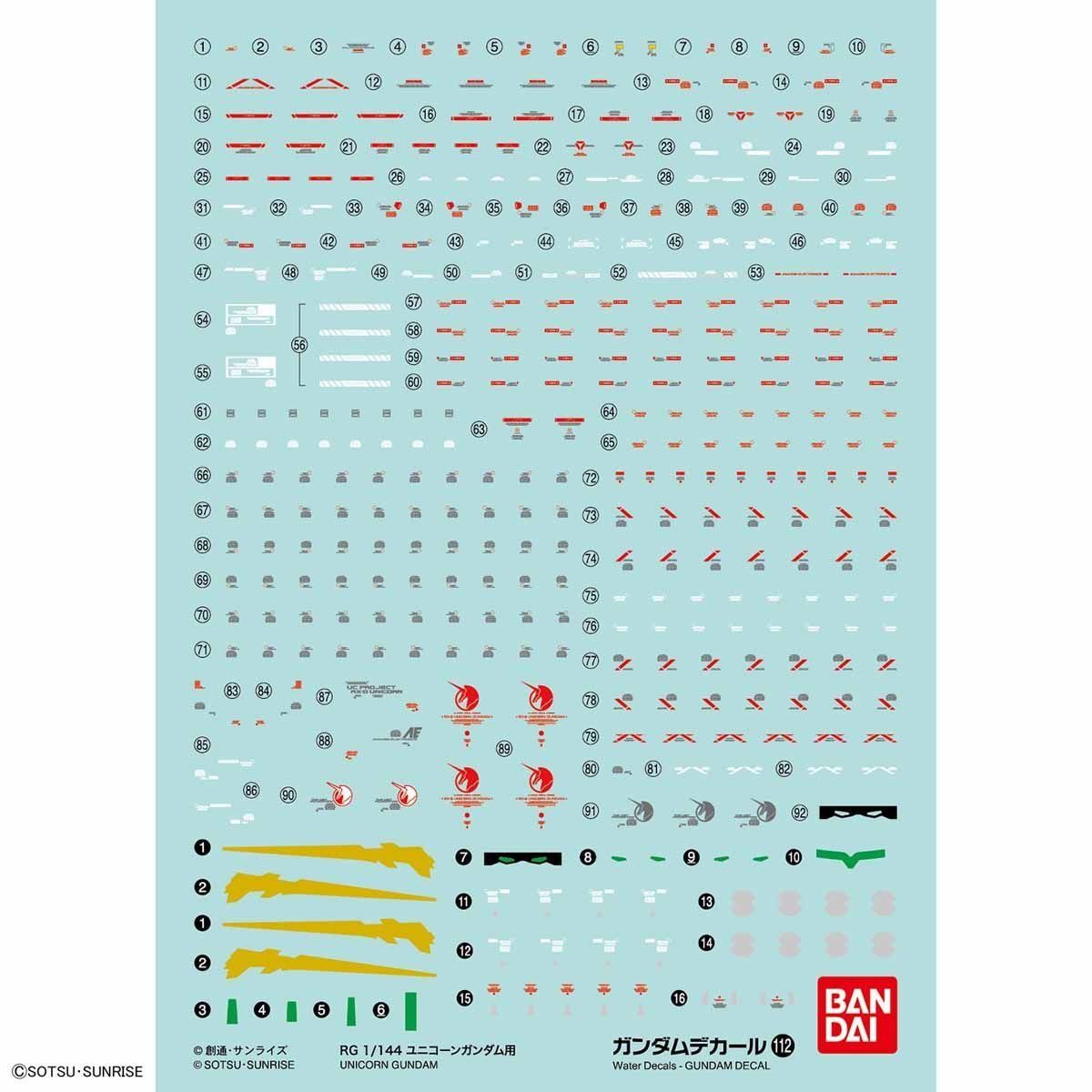 Bandai No.112 RG 1/144 UNICORN GUNDAM Gundam Decal - BanzaiHobby
