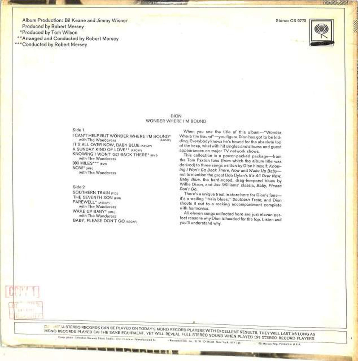 CBS Dion "WONDER WHERE I'M BOUND" CS9773