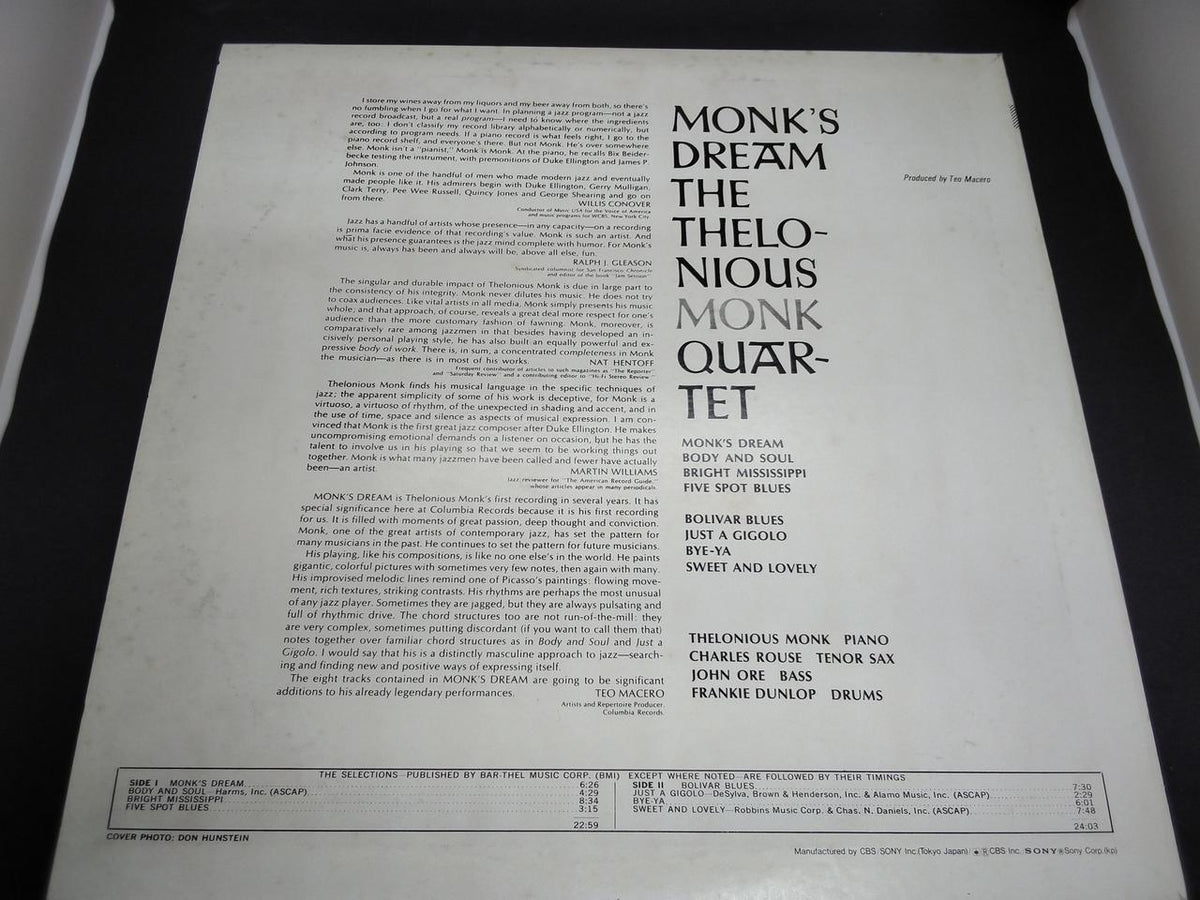 CBS SONY LP Jazz THELONIOUS MONK MONK'S DREAM