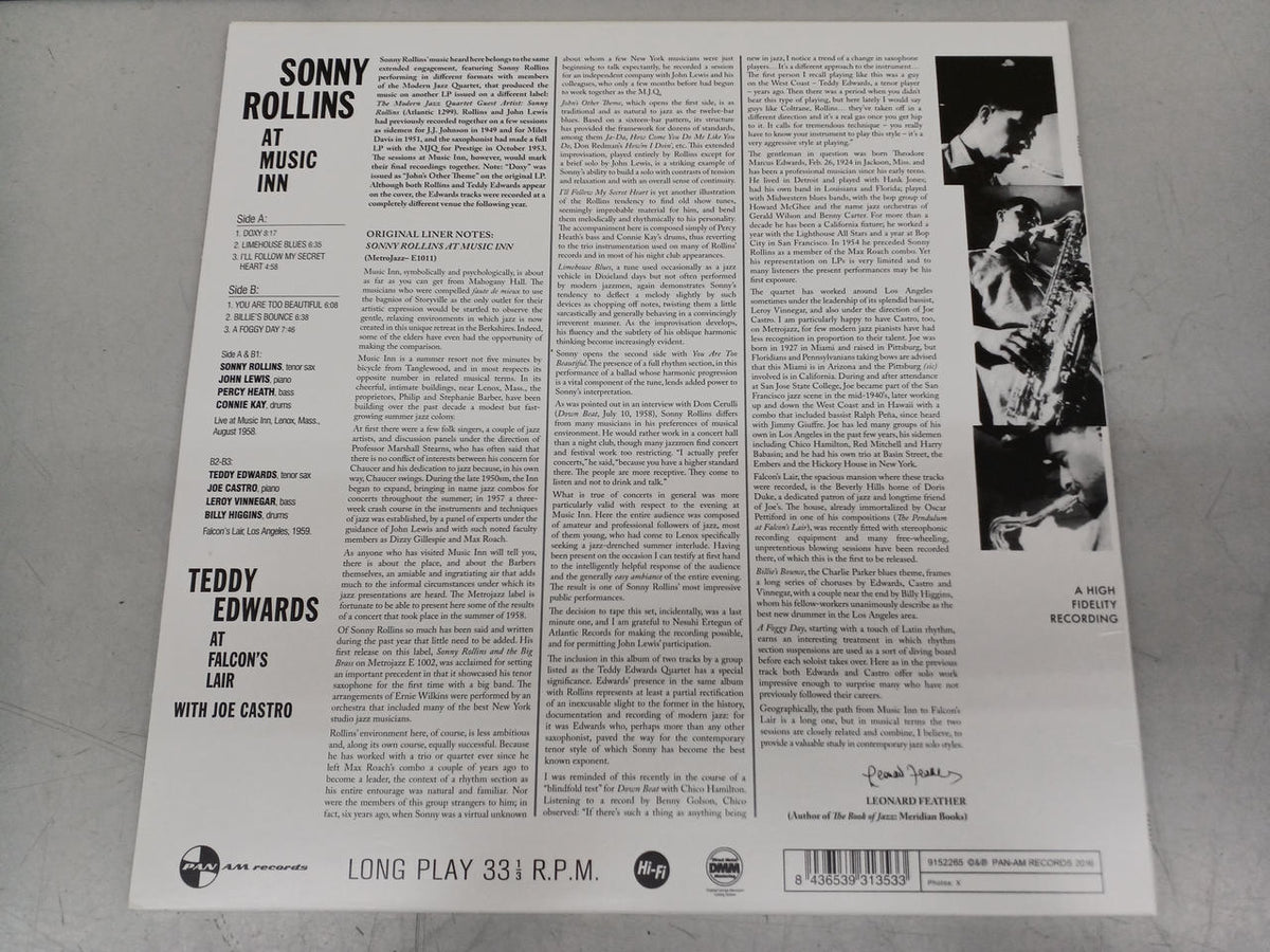 PAN AM RECORDS JAZZ Record SONNY ROLLINS/AT MUSIC INN Limited Edition