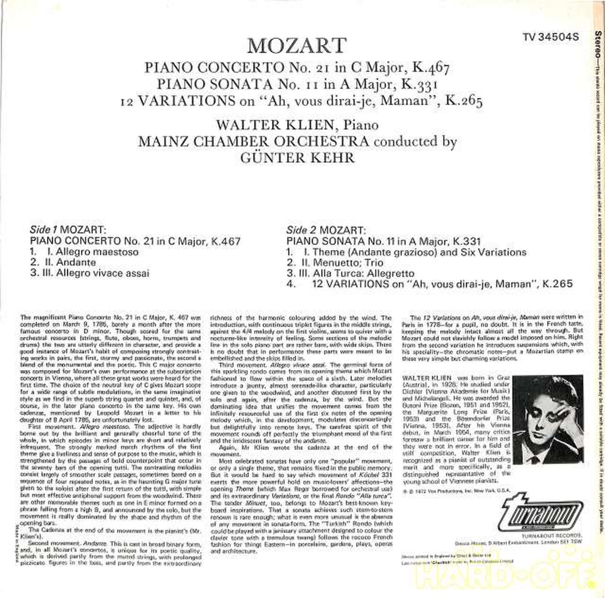 TURNABOUT Clean 'Mozart Piano Concerto No. 21 Sonata No. 11' TV 34504S