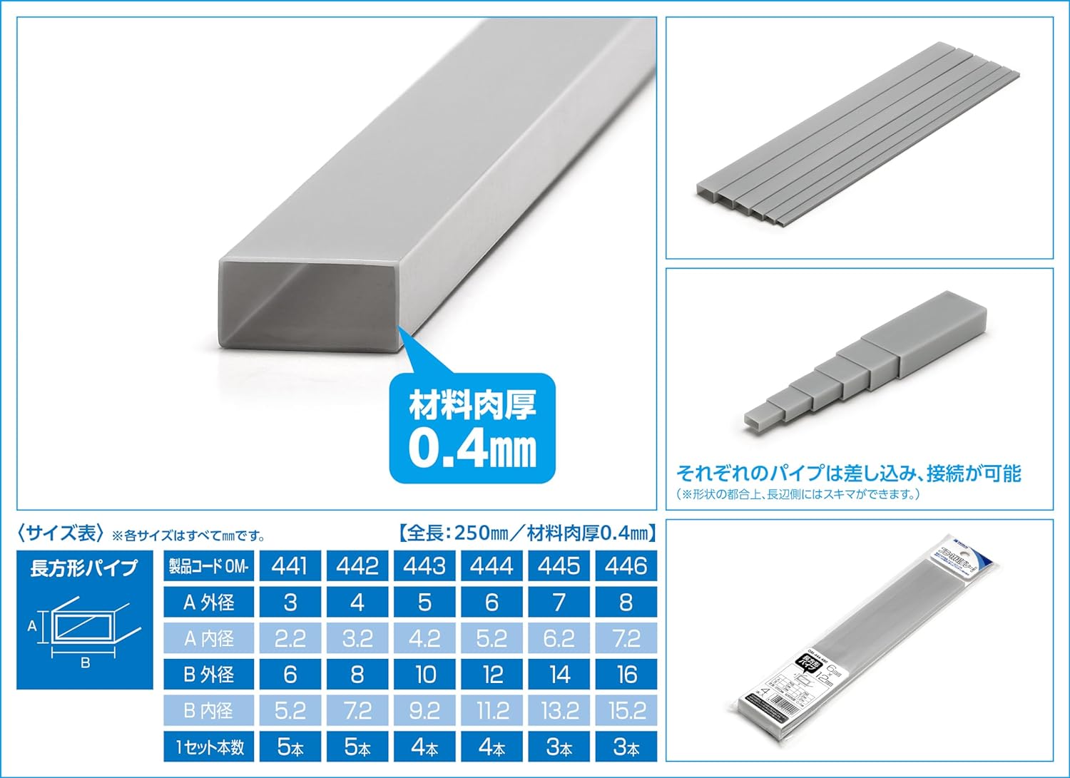 Wave OM-444 Plastic Material, Gray, Rectangular Pipe, 0.2 x 0.5 inches (6 x 12 mm), 4 Pieces - BanzaiHobby