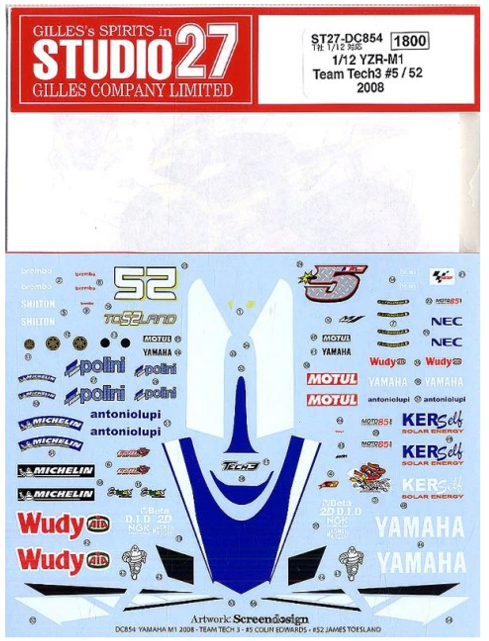 Studio27 DC854 1/12 YZR-M1 Team Tech3 #5/52 2008 Decal - BanzaiHobby