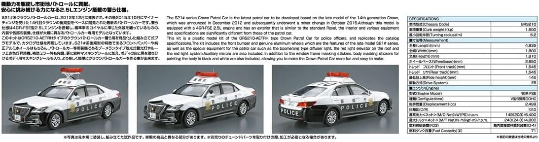 Aoshima Bunka Kyozai 1/24 The Model Car Series No.129 Toyota GRS210 Crown Patrol Car for Police '16 Plastic Model - BanzaiHobby