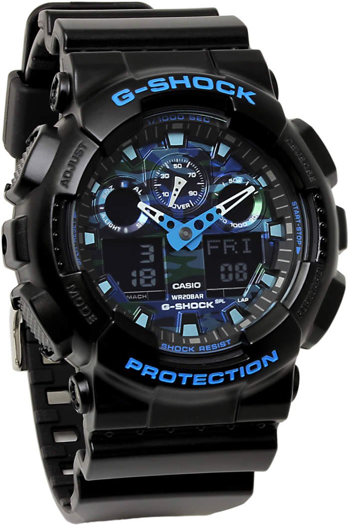 自衛隊 警察官 迷彩 カモフラ 青いカモフラ 入学祝 G-SHOCK Camouflage 20気圧防水 プラベルトウォッチ メンズ(GA-100CB-1A GA-100LY-1A) (GA-100CB-1A(ブルーカモフラ))