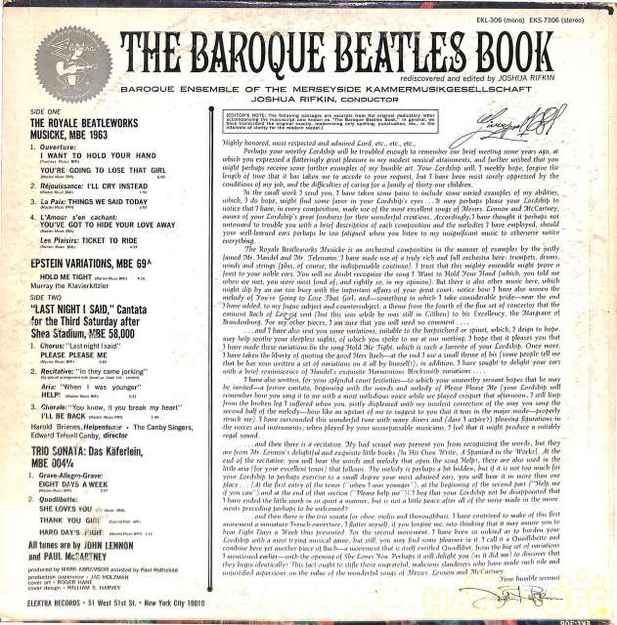 Electra (imported, US) "Baroque Beatles Book" conducted by Rifkin, EKS-7306