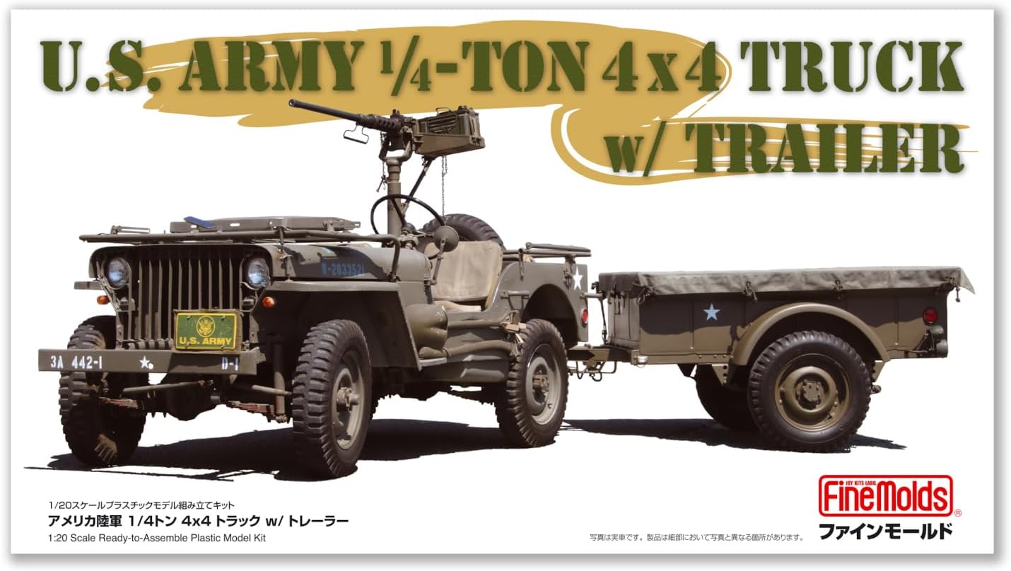 Fine Molds 82002 1/20 US Army 1/4 ton 4x4 Truck (with Trailer and Machine Gun) - BanzaiHobby