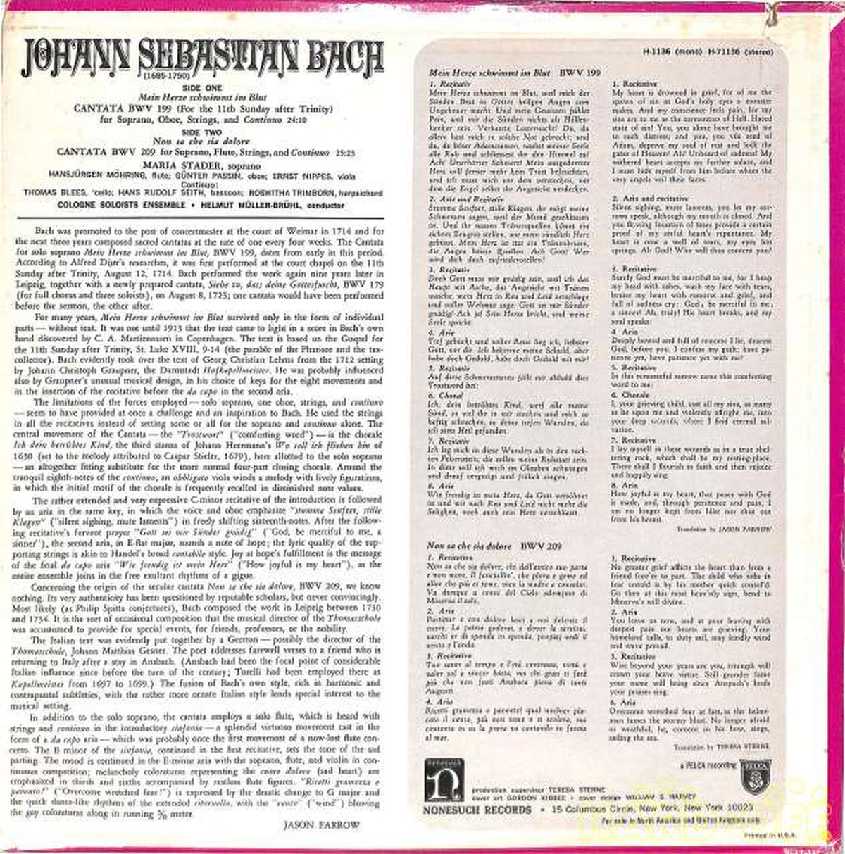 Non-Satch (imported, rice) Bach Cantata No. 199, 209 Stader H-71136 Cut Disc