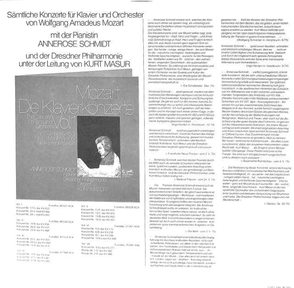 Eurodisk (imported, Germany) Mozart Piano Concerto Collection 7 Annerose Schmidt 25491XAK