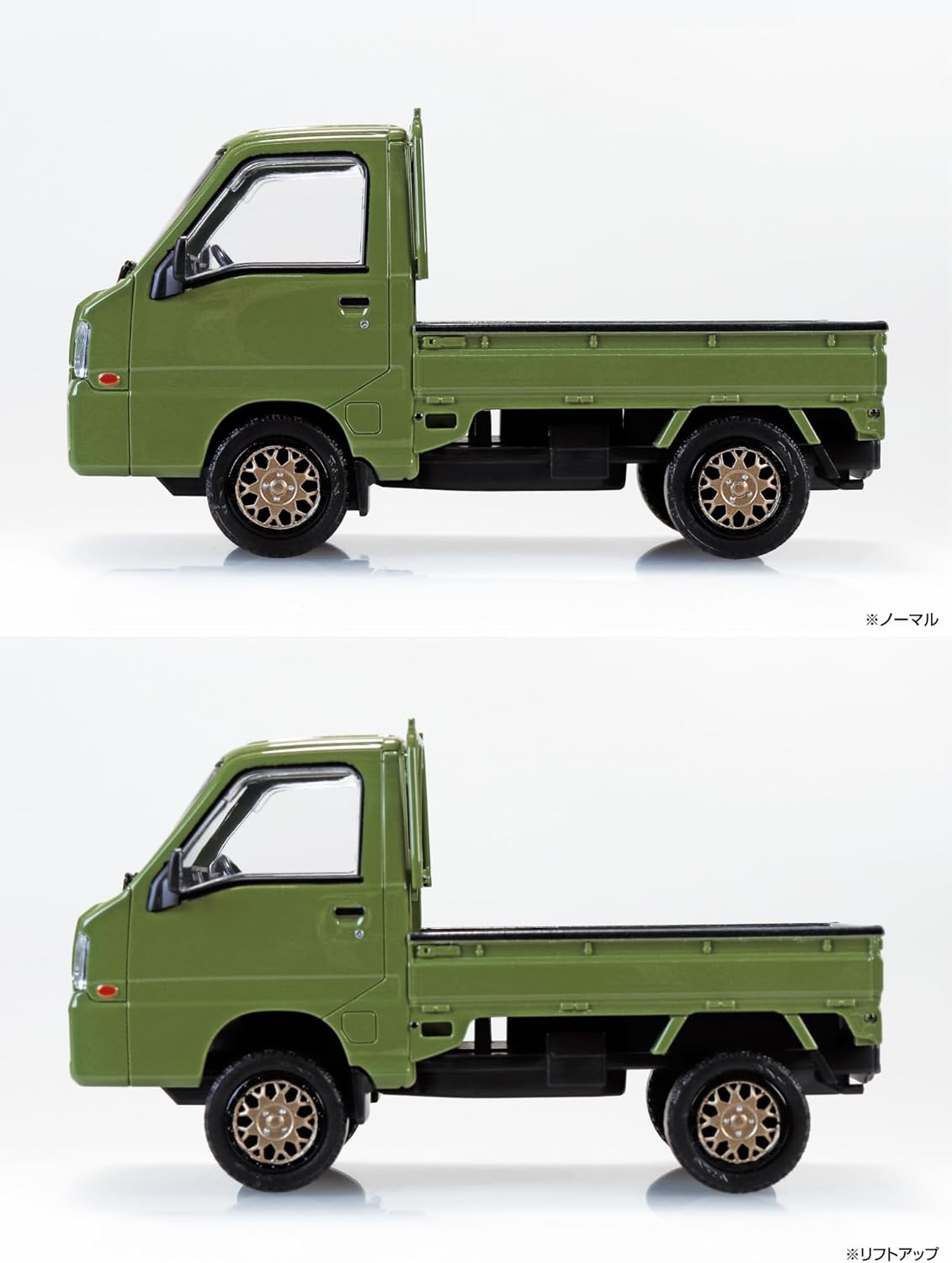 Aoshima 1/32 RakuPla Snap Kit No.05CU-OG Subaru Sambar Truck Custom Wheels Olive Green - BanzaiHobby