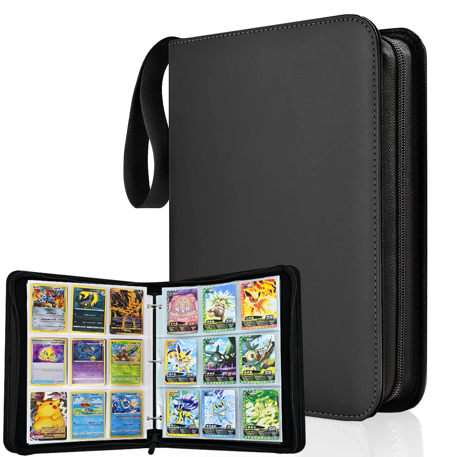 カードファイル カードバインダー シールファイル 9ポケット 900枚収納 ポータブルファスナー カードシート他のゲームカードを集める (9ポケット, ブラック) - BanzaiHobby