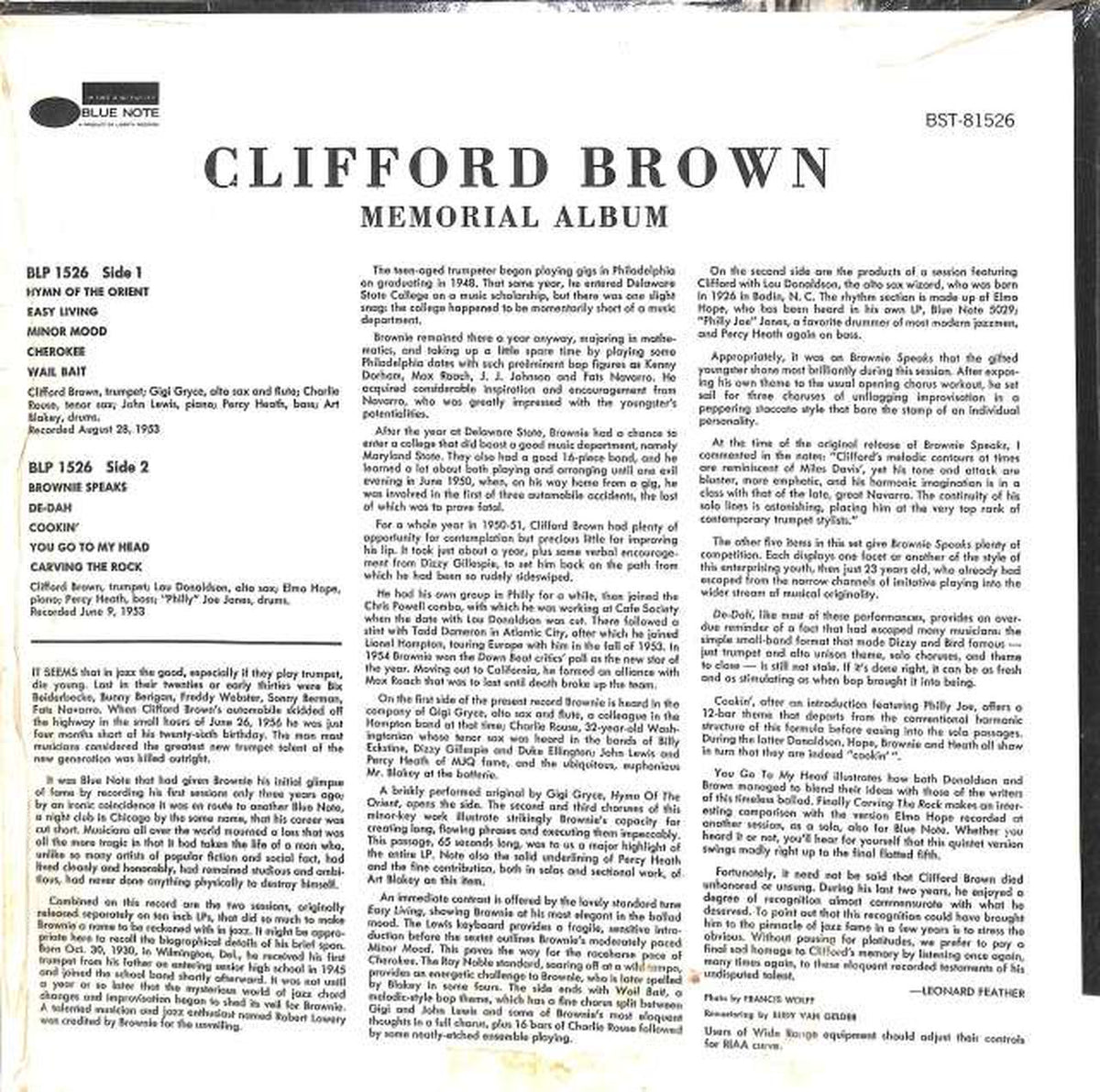 BLUE NOTE Clifford Brown "MEMORIAL ALBUM" BST81526