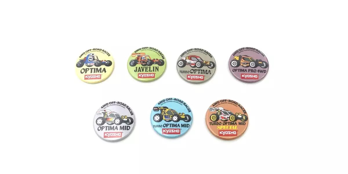 Kyosho 87526 Vintage Buggy Tin Badge Assortment (4WD Series) (7 Designs)