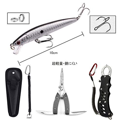 D.B.J フィッシュグリップ&フィッシュプライヤー 2点セット 魚掴み器 釣り用ペンチ 釣り具 フィッシュキャッチャー ロング メジャー ステンレス製 防錆性 スパイラルコードとカラビナ付き 多機能 片手操作 計量機能あり 釣りルアーも1個付き - BanzaiHobby
