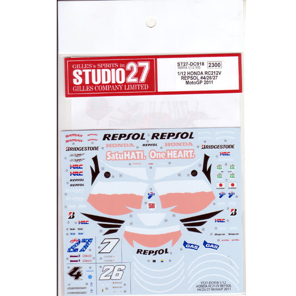 Studio27 DC918 1/12 Tamiya RC212V REPSOL #4/26/27 MotoGP2011 Decal - BanzaiHobby