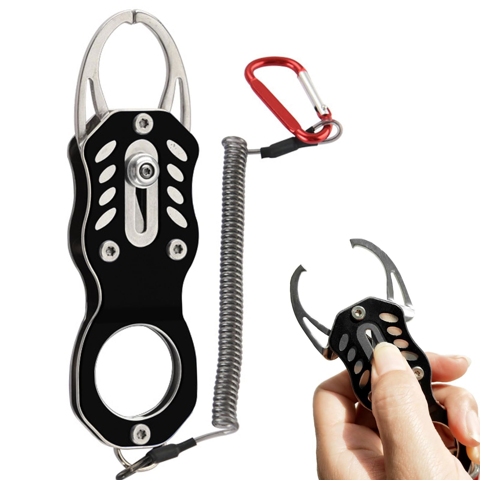 Haojiaho 小型フィッシュグリップ 魚掴み器 ミニ フィッシュキャッチャー 11.8cm フィッシンググリップ 超軽量 ステンレス+アルミ合金 防錆 魚釣り コンパクト 携帯便利 釣り道具 黒 安全ロープ付き - BanzaiHobby