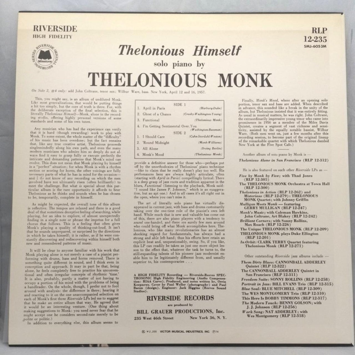 Riverside LP THELONOUS HIMSELF/THELONIOUS M