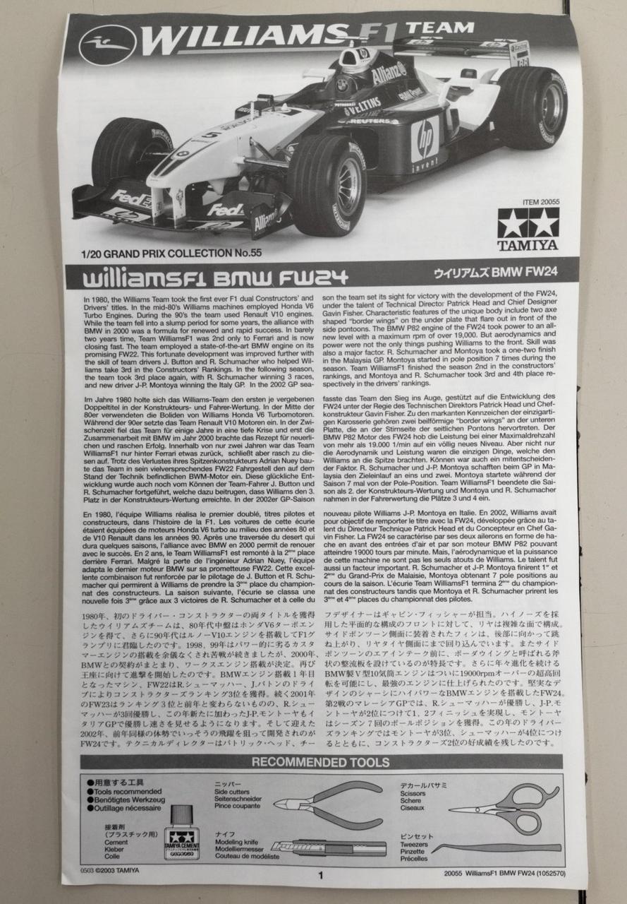 TAMIYA 1/20 scale plastic model Williams BMW FW24 - Banzai Thrifting | BanzaiHobby