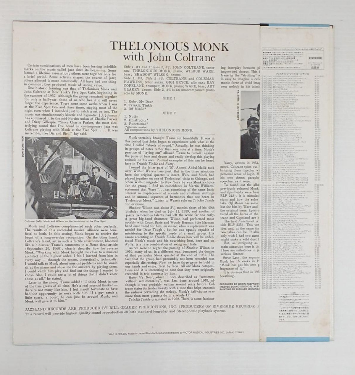 Victor Music Industries Jazz LP Record Thelonious Monk WITH John Coltrane