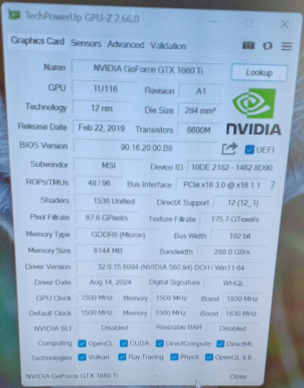 MSI Graphics Board: GTX 1660 TI AERO ITX 6G OC