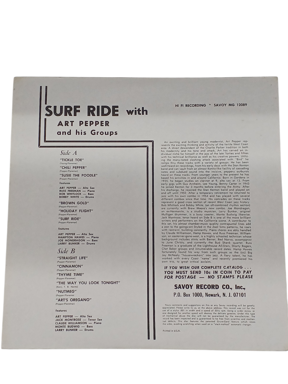 SAVOY RECORDS ART PEPPER ? SURF RIDE MG 12089
