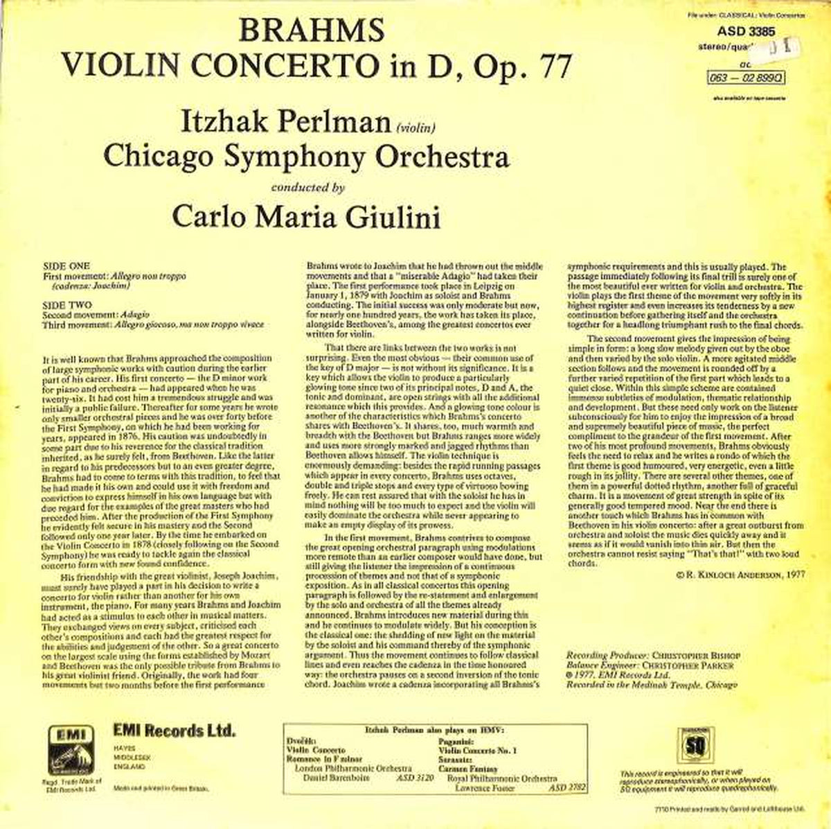 EMI (Input: English) Brahms Violin Concerto Perlmann ASD-3385