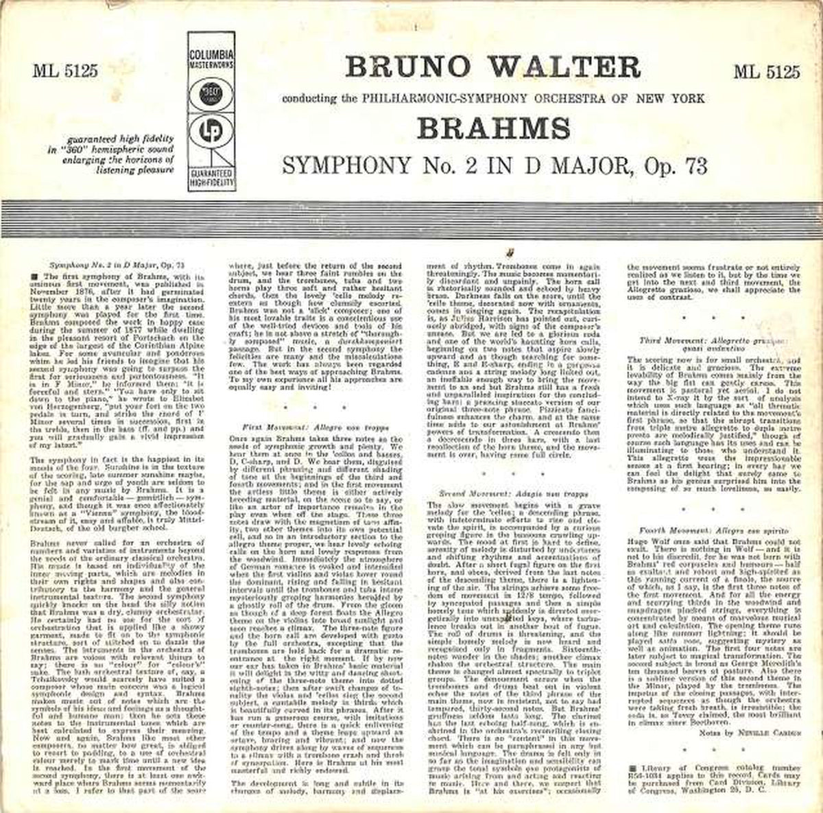 Columbia (imported, US) Brahms Symphony No. 2 Walter ML-5125