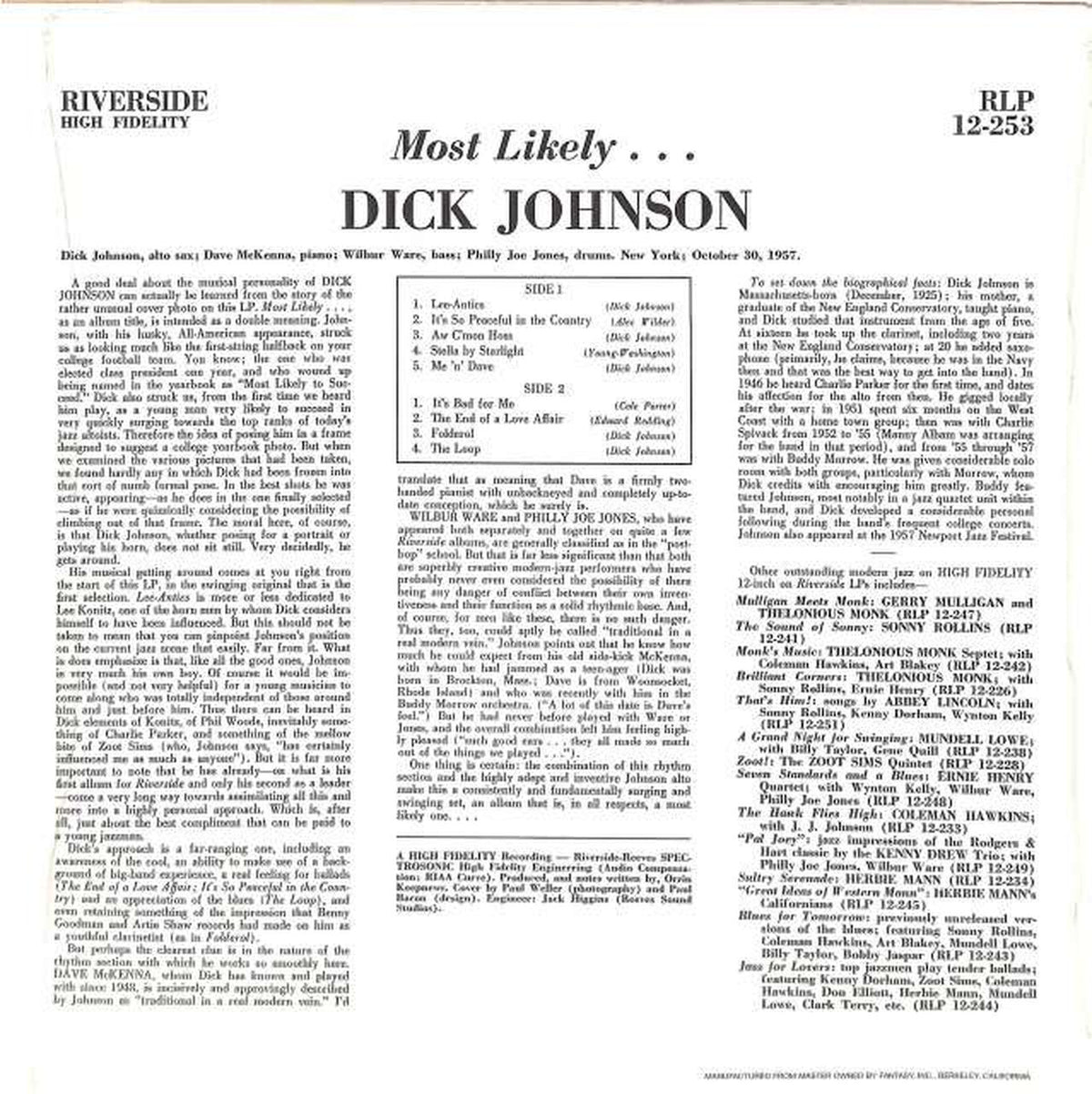 RIVERSIDE Dick Johnson "MOSUT LIKELY..." RLP12-253 (imported)