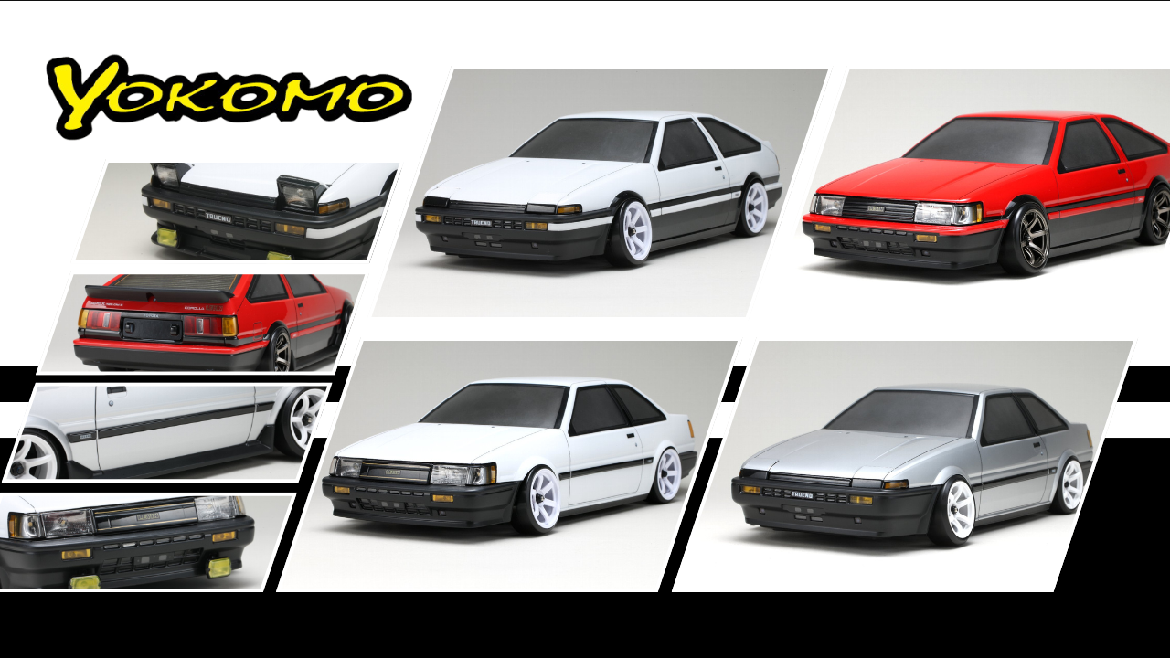 New from Yokomo: Custom Assembly Series AE86 Levin and Trueno Body Sets with Aero Parts