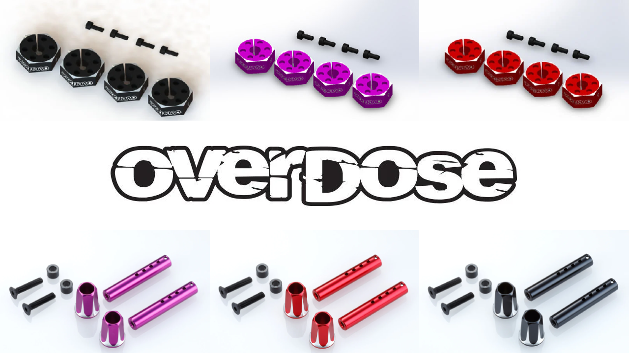 New Pre Order from OVERDOSE: Aluminum Wheel Hub Set & Adjustable Aluminium Front Body Posts in Various Colors