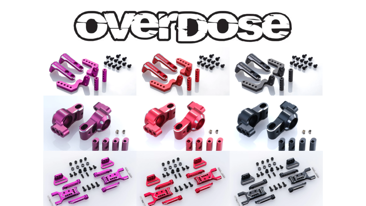 New Pre Order from OVERDOSE: Aluminium Body Mounts, ES Aluminium Rear Uprights for Galm & Adjustable Aluminium Rear Suspension Arms Type 3