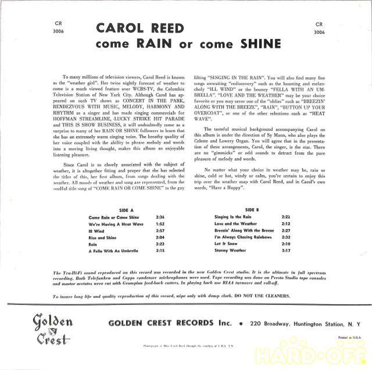 GOLDEN CREST Carol Reed: "COME RAIN OR COME SHI CR3006 (Imported)"