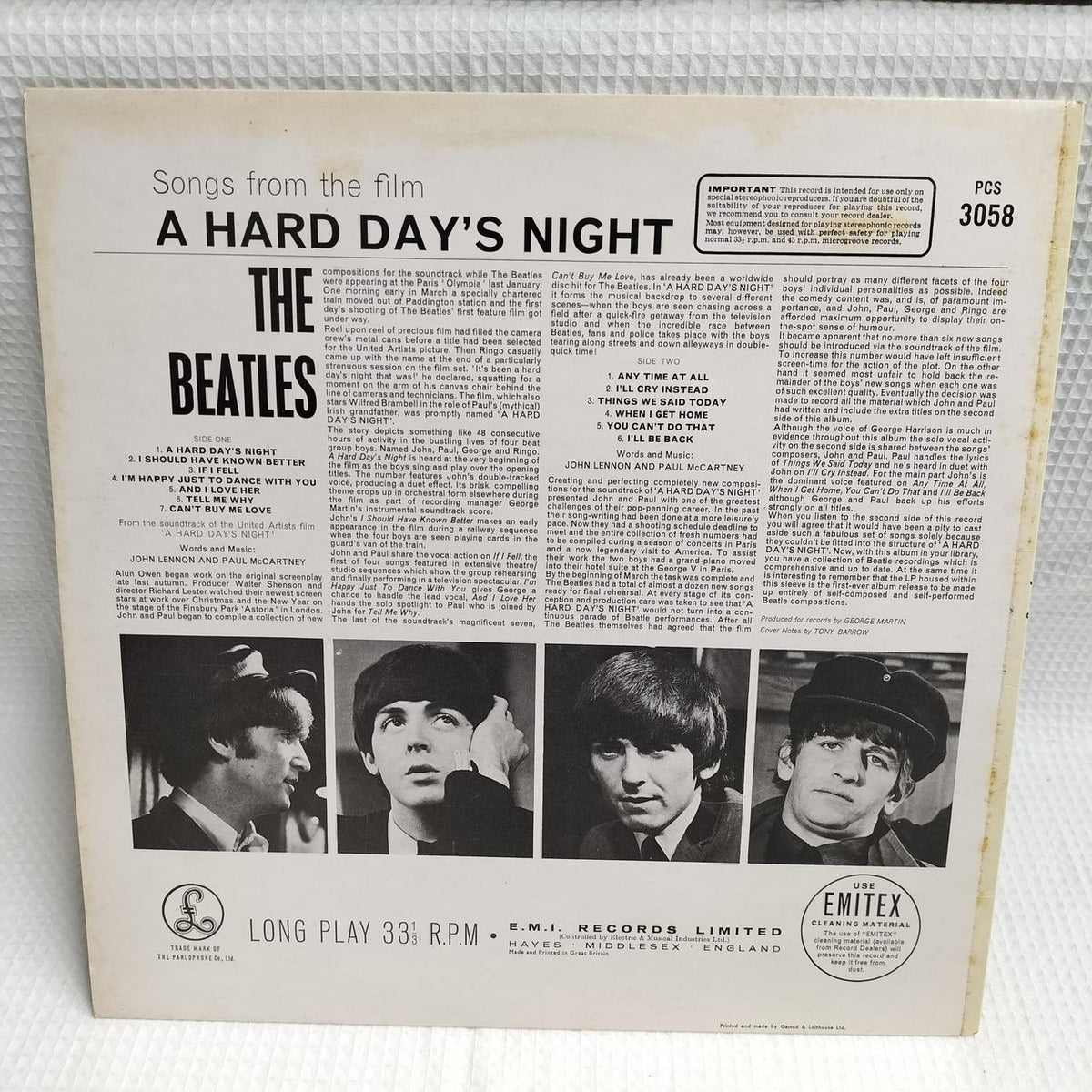 THE BEATLES Record: A HARD DAYS NIGHT (PCS3058)