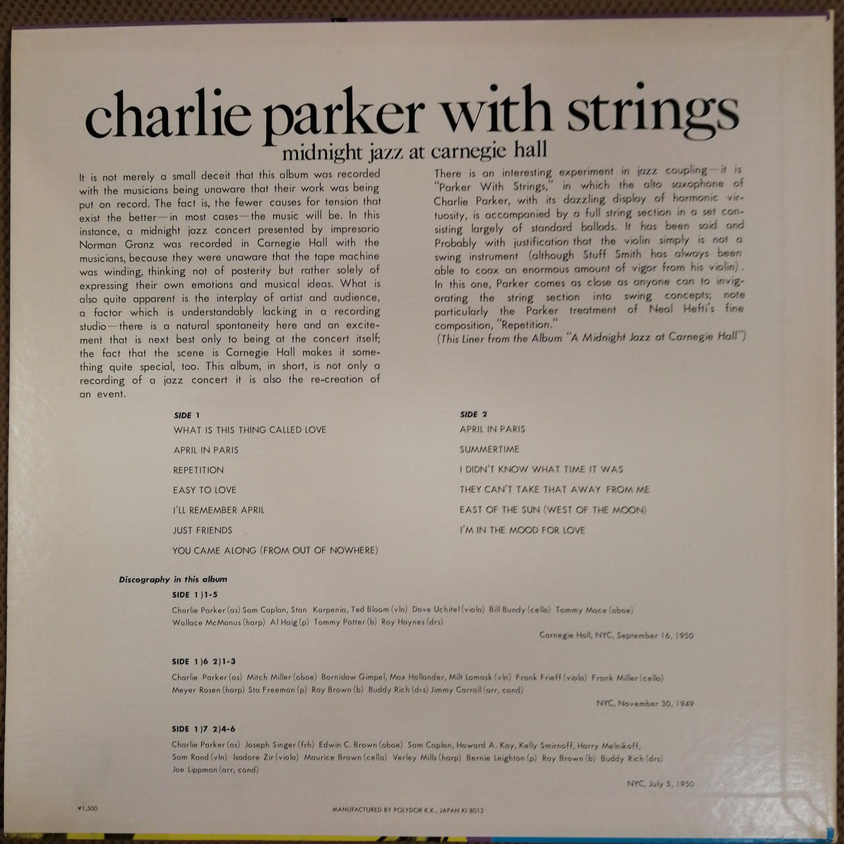 VERVE RECORDS CHARLIE PARKER WITH STRINGS/MI MV 4014