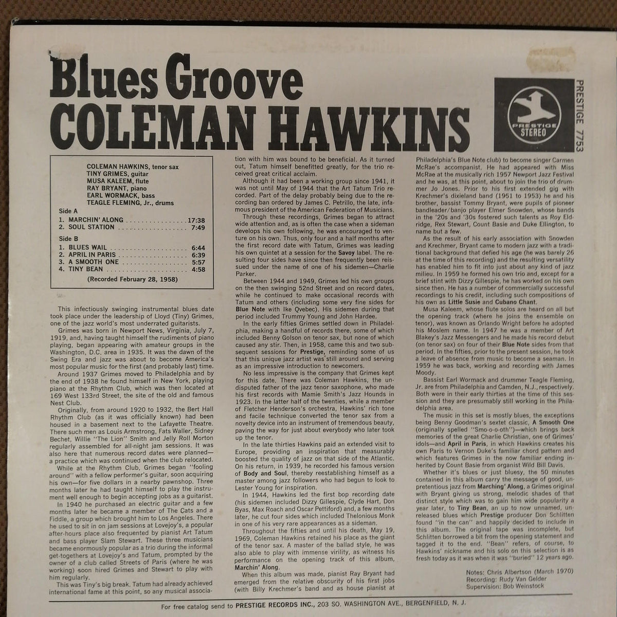 PRESTIGE COLEMAN HAWKINS WITH TINY GRIM PRT-7753