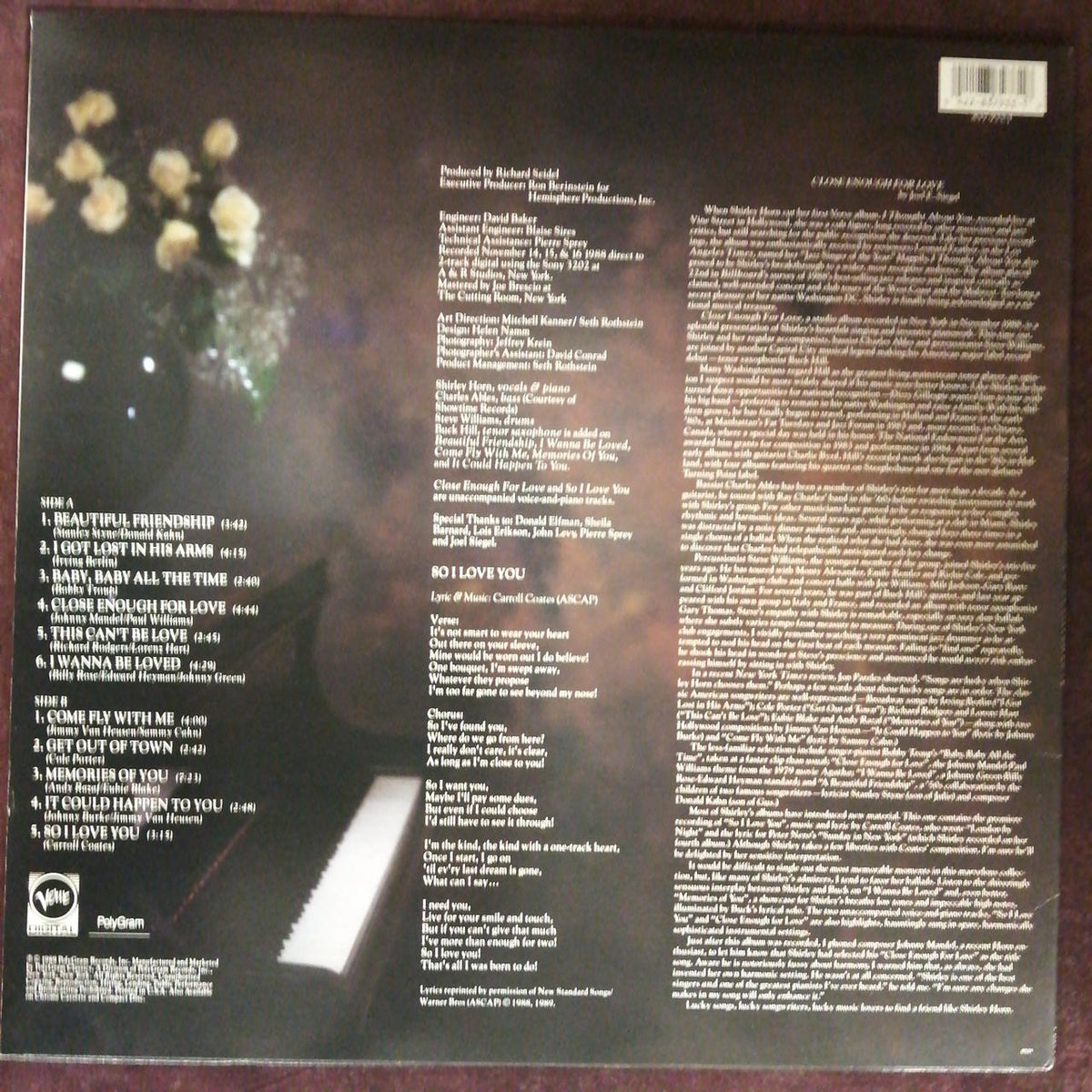 VERVE RECORDS SHIRLEY HORN/CLOSE ENOUGH FOR 837 933-1