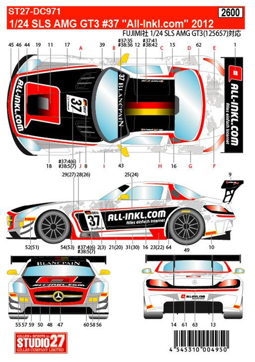 Studio27 DC971 1/24 Mercedes-Benz SLS AMG GT3 #37/38 "All-lnkl.com" 2012 Original Decal - BanzaiHobby