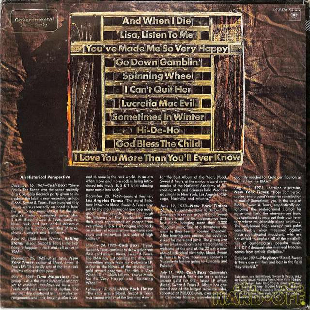 Columbia (imported, US) Bread, Sweat & Tears "Greatest Hit" PC-31170