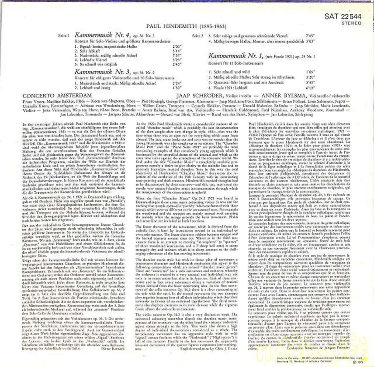 TELEFUNKEN Birsma / Hindemith Chamber Music Nos. 1, 3, 4 SAT22544 (Exported, German)