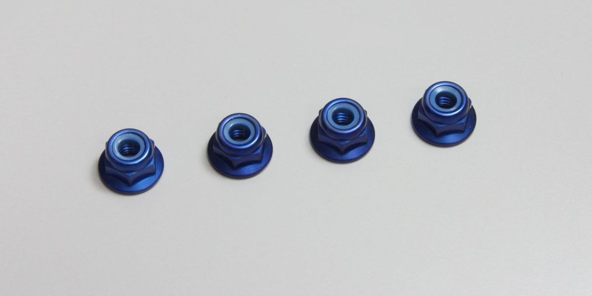 Kyosho 1-N4045FNA-B Nut(M4x4.5)Flanged Nylon(Alumi/Blue/4pc) - BanzaiHobby