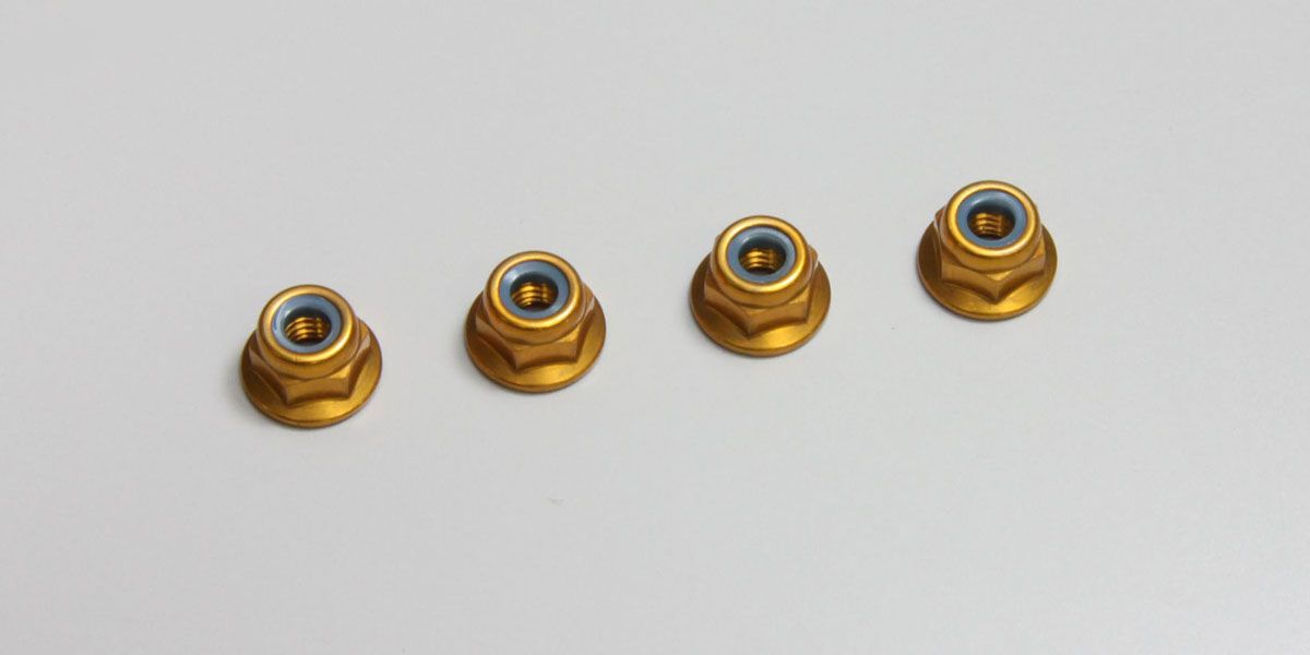 Kyosho 1-N4045FNA-G Nut(M4x4.5)Flanged Nylon(Alumi/Gold/4pc) - BanzaiHobby