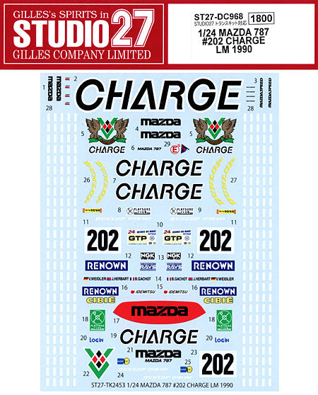 Studio27 DC968 1/24 MAZDA 787 #202 CHARGE LM 1990 DECALS FOR