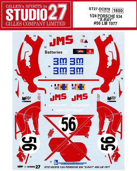 Studio27 DC978 1/24 PORSCHE934 X-RAY #56 LM 1977 Exclusive Decal - BanzaiHobby