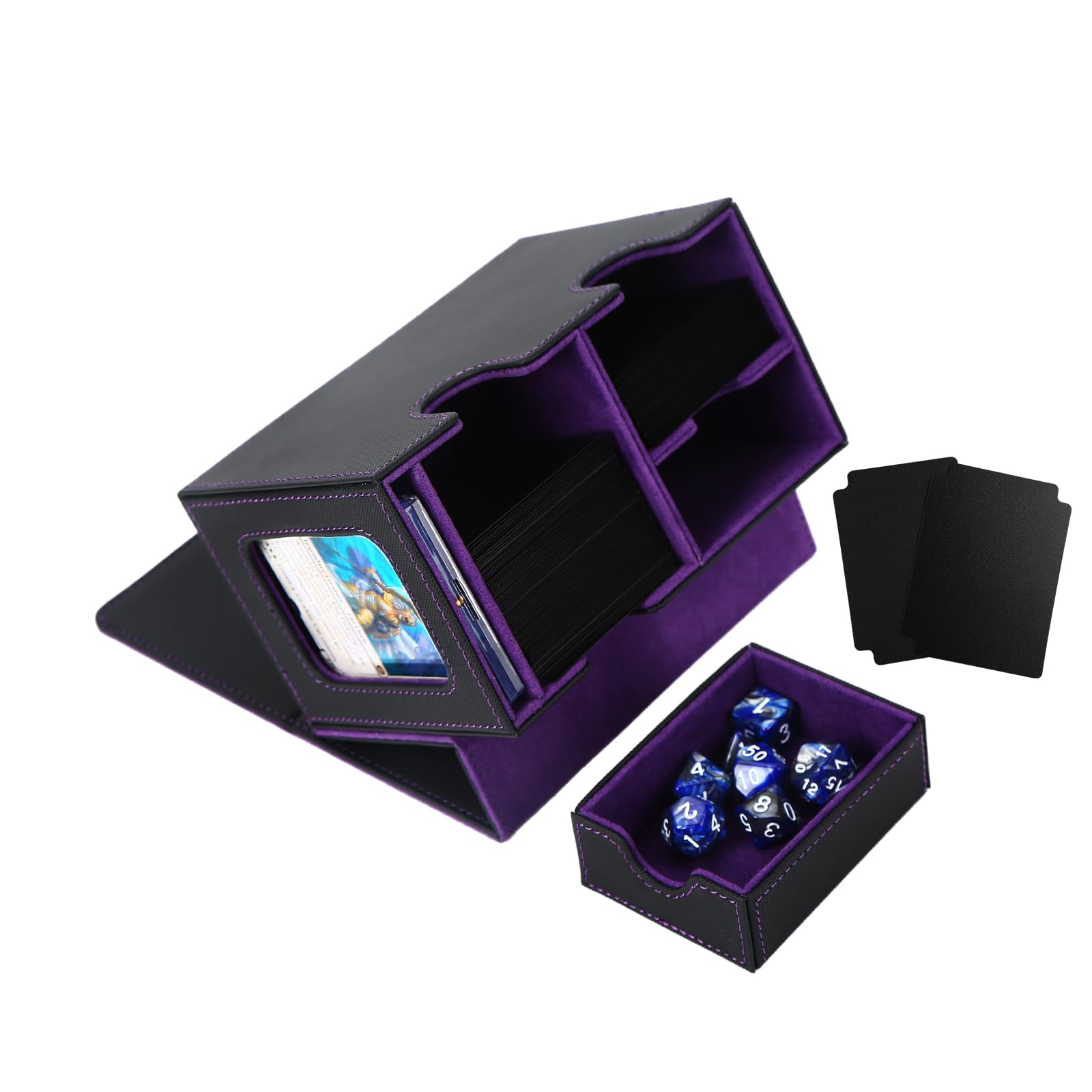 Venssu デッキケース トレカケース カードディスプレイウィンドウ ダイス入れ 200枚収納 仕切り板2つとマグネットローダー１つ付き「MTG 遊戯王 ポケモン デュエマ 各種 カードゲーム BOX 」スリーブ対応 (黒内装紫)