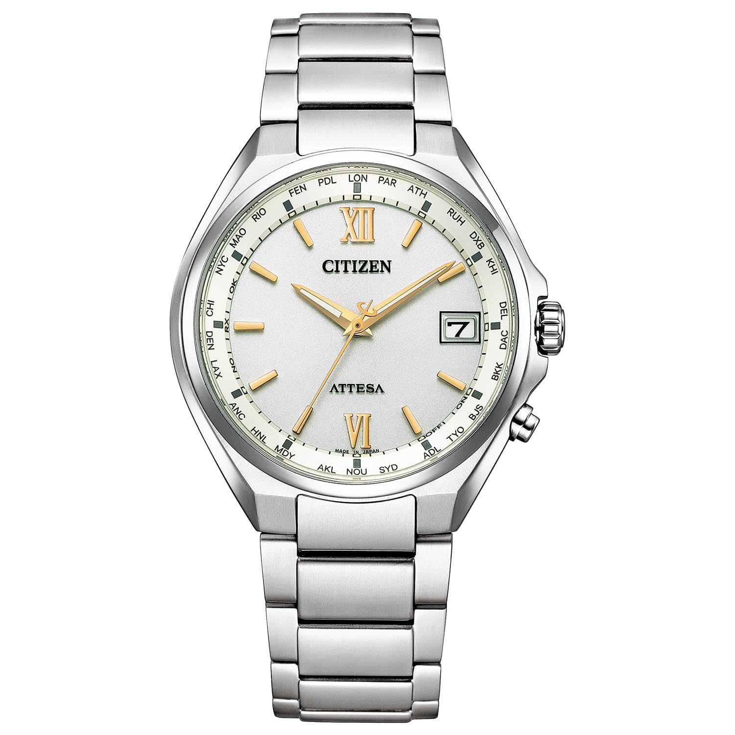 Reloj Citizen Attesa CB1120-50C para hombre, radiocontrolado, solar, resistente al agua, blanco, plateado - BanzaiHobby