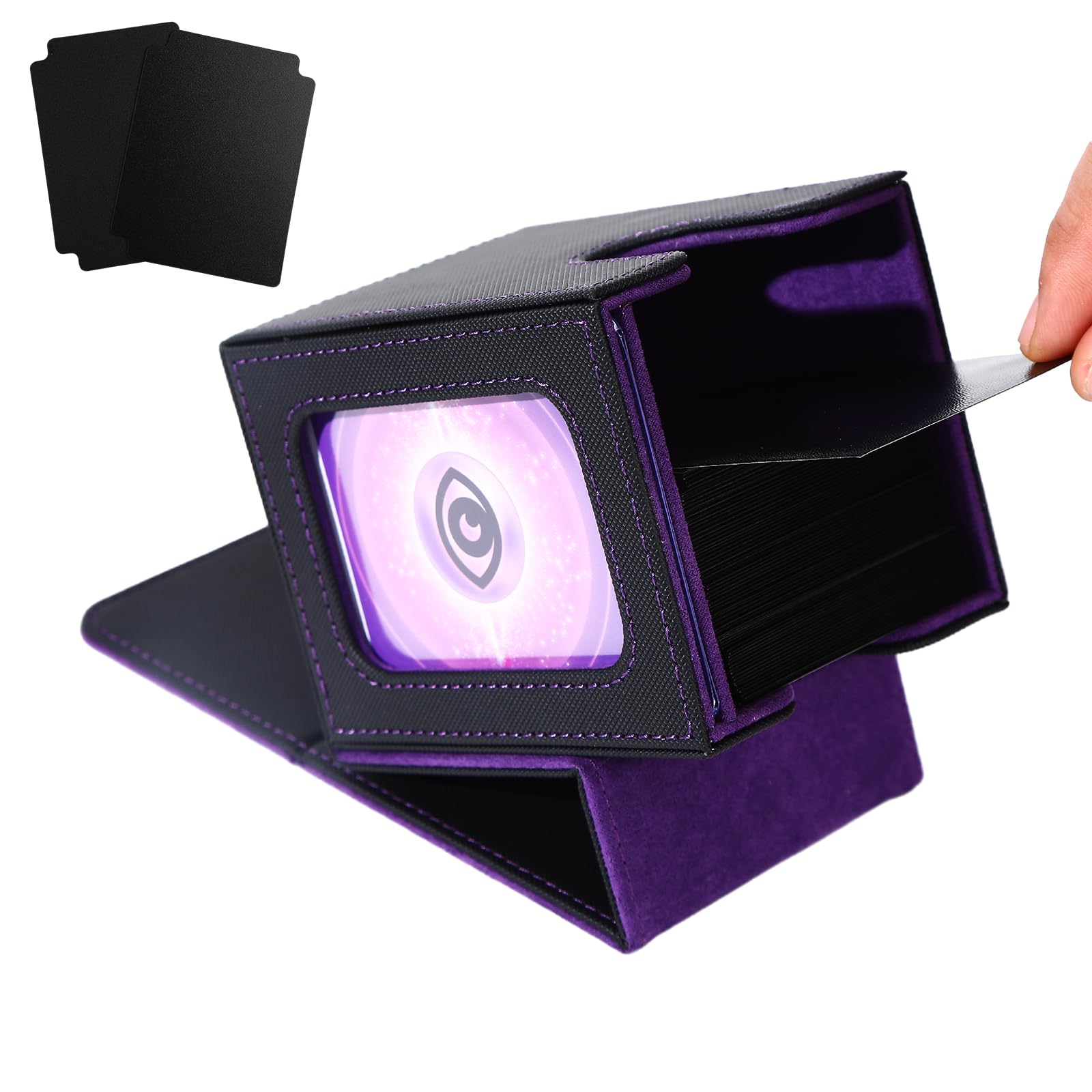 Venssu デッキケース トレカケース カードディスプレイウィンドウ ポケモンカードゲームに対応 100枚 二重 三重スリーブ対応 縦入れ 仕切り板2つとトップローダー１つ付き 革（黒内装紫）