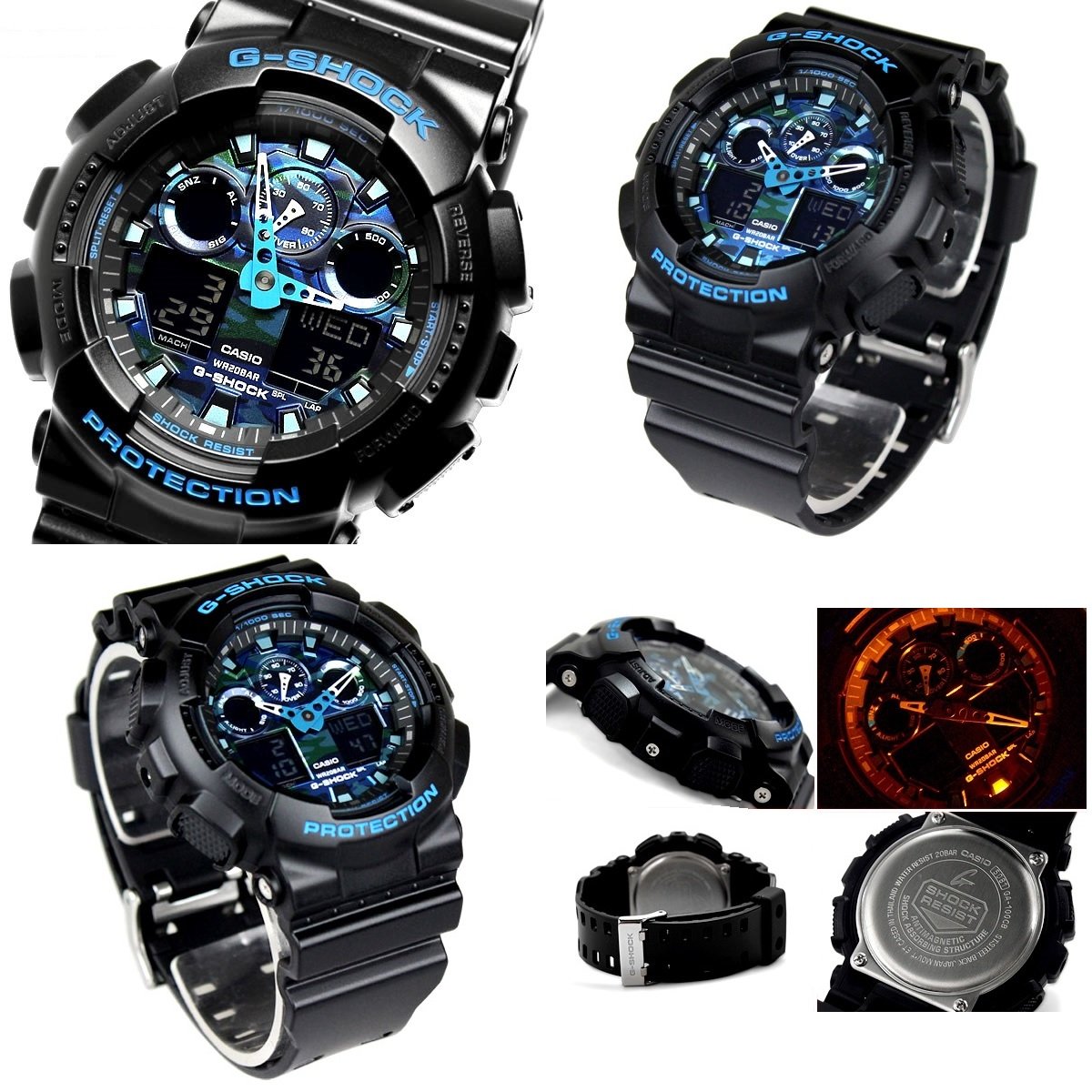 自衛隊 警察官 迷彩 カモフラ 青いカモフラ 入学祝 G-SHOCK Camouflage 20気圧防水 プラベルトウォッチ メンズ（GA-100CB-1A GA-100LY-1A） (GA-100CB-1A（ブルーカモフラ）)